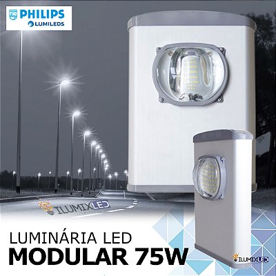 Luminária LED Pública Modular para Poste 75w | Bivolt | IP66 | 10.500 Lúmens | LED PHILIPS | 6.500k | Para Vias ou Condomínio