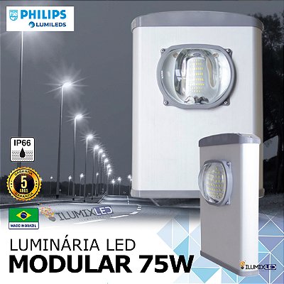 Luminária LED Pública Modular para Poste 75w | Bivolt | IP66 | 10.500 Lúmens | LED PHILIPS | 6.500k | Para Vias ou Condomínio