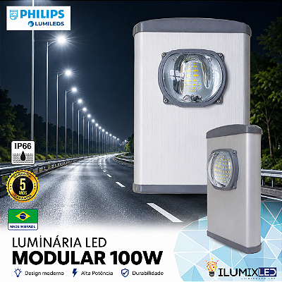 Luminária LED Pública Modular para Poste 100w | Bivolt | IP66 | 14.000 Lúmens | LED PHILIPS | Para Vias ou Condomínio