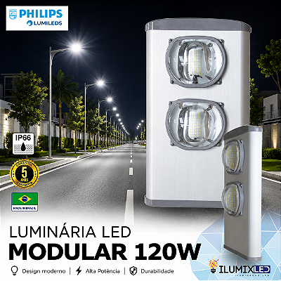 Luminária LED Pública Modular para Poste 120w | Bivolt | IP66 | 16.800 Lúmens | LED PHILIPS | Para Vias ou Condomínio