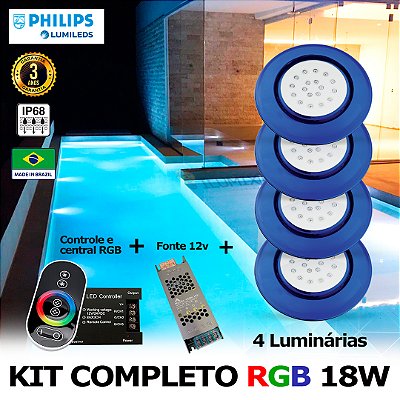76 - KIT ILUMINAÇÃO LED PARA PISCINA 18w | 12,5 cm | RGB sistema Colorido | IP68 À Prova d'água | 4 Luminárias | LED PHILIPS