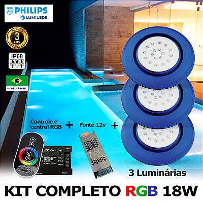 75 - KIT ILUMINAÇÃO LED PARA PISCINA 18w | 12,5 cm | RGB sistema Colorido | IP68 À Prova d'água | 3 Luminárias | LED PHILIPS