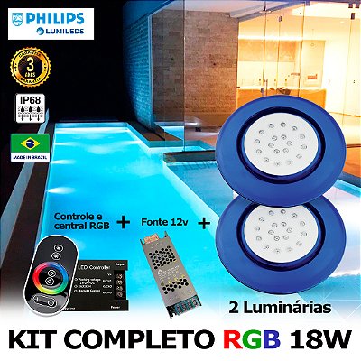 74 - KIT ILUMINAÇÃO LED PARA PISCINA 18w | 12,5 cm | RGB sistema Colorido | IP68 À Prova d'água | 2 Luminárias | LED PHILIPS