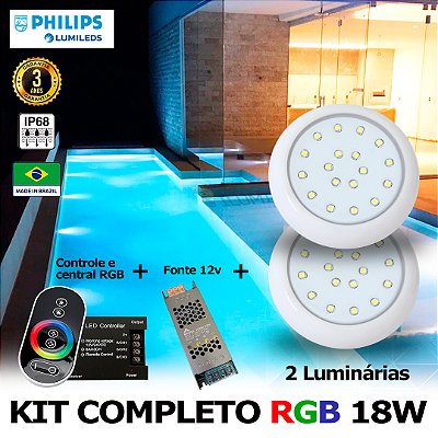 58 - KIT ILUMINAÇÃO LED PARA PISCINA 18w | 8 cm | RGB sistema Colorido | IP68 À Prova d'água | 2 Luminárias | LED PHILIPS