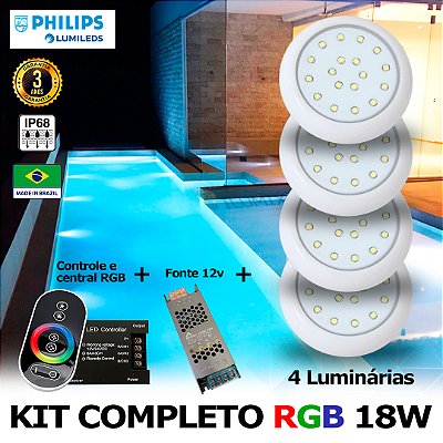 60 - KIT ILUMINAÇÃO LED PARA PISCINA 18w | 8 cm | RGB sistema Colorido | IP68 À Prova d'água | 4 Luminárias | LED PHILIPS