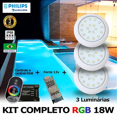 59 - KIT ILUMINAÇÃO LED PARA PISCINA 18w | 8 cm | RGB sistema Colorido | IP68 À Prova d'água | 3 Luminárias | LED PHILIPS