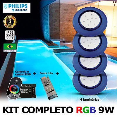 68 - KIT ILUMINAÇÃO LED PARA PISCINA 9w | 12,5 cm | RGB sistema Colorido | IP68 À Prova d'água | 4 Luminárias | LED PHILIPS