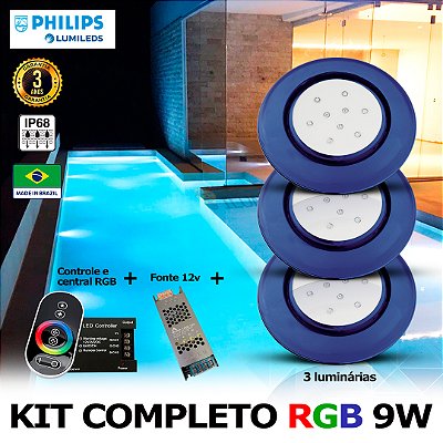 67 - KIT ILUMINAÇÃO LED PARA PISCINA 9w | 12,5 cm | RGB sistema Colorido | IP68 À Prova d'água | 3 Luminárias | LED PHILIPS