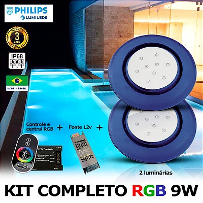 66 - KIT ILUMINAÇÃO LED PARA PISCINA 9w | 12,5 cm | RGB sistema Colorido | IP68 À Prova d'água | 2 Luminárias | LED PHILIPS