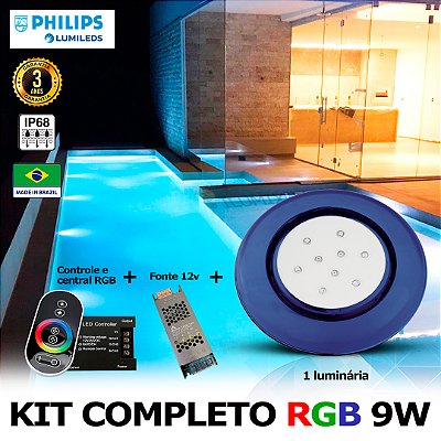 65 - KIT ILUMINAÇÃO LED PARA PISCINA 9w | 12,5 cm | RGB sistema Colorido | IP68 À Prova d'água | | 1 Luminária | LED PHILIPS