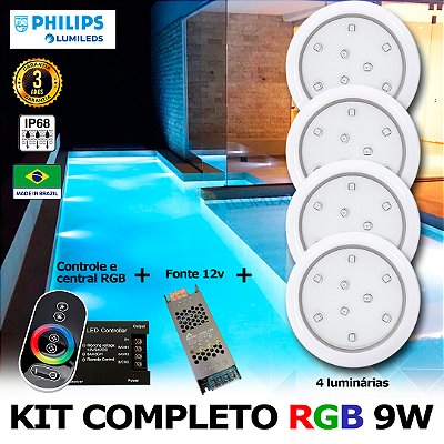 52 - KIT ILUMINAÇÃO LED PARA PISCINA 9w | 8 cm | RGB sistema Colorido | IP68 À Prova d'água | 4 Luminárias | LED PHILIPS