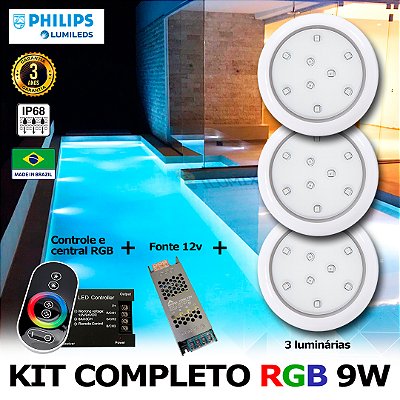 51 - KIT ILUMINAÇÃO LED PARA PISCINA 9w | 8 cm | RGB sistema Colorido | IP68 À Prova d'água | | 3 Luminárias | LED PHILIPS