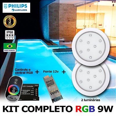 50 - KIT ILUMINAÇÃO LED PARA PISCINA 9w | 8 cm | RGB sistema Colorido | IP68 À Prova d'água | | 2 Luminárias | LED CHIP PHILIPS
