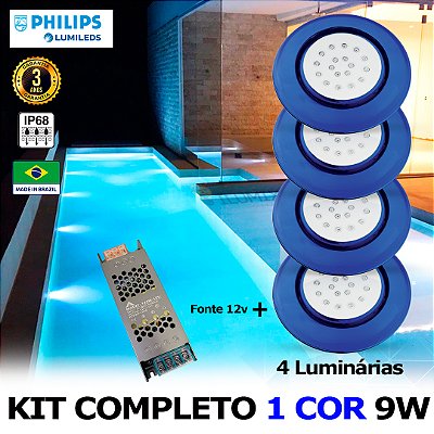 36 - KIT ILUMINAÇÃO LED PARA PISCINA 18w | 12,5 cm | IP68 À Prova d'água | COR FIXA | 4 Luminárias | LED PHILIPS