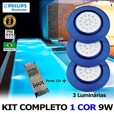 35 - KIT ILUMINAÇÃO LED PARA PISCINA 18w | 12,5 cm | IP68 À Prova d'água | COR FIXA | 3 Luminárias | LED PHILIPS