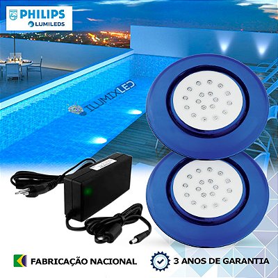 34 - KIT ILUMINAÇÃO LED PARA PISCINA 18w | 12,5 cm | IP68 À Prova d'água | COR FIXA | 2 Luminárias | LED PHILIPS