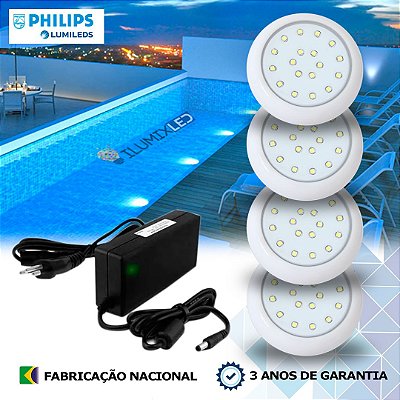 20 - KIT ILUMINAÇÃO LED PARA PISCINA 18w | 8 cm | IP68 À Prova d'água | COR FIXA | 4 Luminária | LED PHILIPS