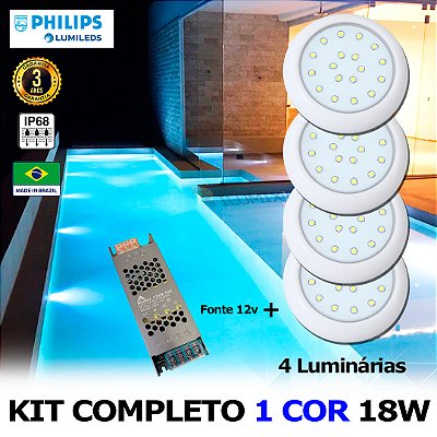 20 - KIT ILUMINAÇÃO LED PARA PISCINA 18w | 8 cm | IP68 À Prova d'água | COR FIXA | 4 Luminária | LED PHILIPS