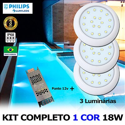 19 - KIT ILUMINAÇÃO LED PARA PISCINA 18w | 8 cm | IP68 À Prova d'água | COR FIXA | 3 Luminária | LED PHILIPS