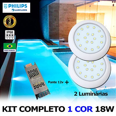 18 - KIT ILUMINAÇÃO LED PARA PISCINA 18w | 8 cm | IP68 À Prova d'água | COR FIXA | 2 Luminária | LED PHILIPS