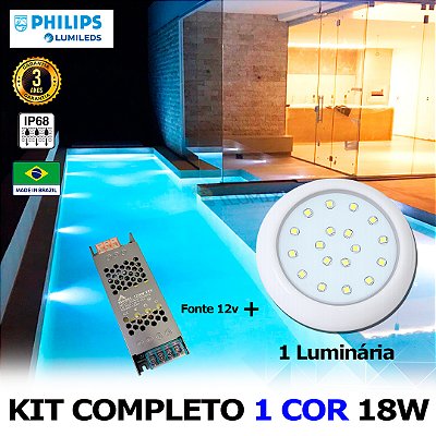 17 - KIT ILUMINAÇÃO LED PARA PISCINA 18w | 8 cm | IP68 À Prova d'água | COR FIXA | 1 Luminária | LED PHILIPS