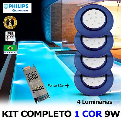 44 - KIT ILUMINAÇÃO LED PARA PISCINA 9w | 12,5 cm | IP68 À Prova d'água | COR FIXA | 4 Luminárias | LED PHILIPS