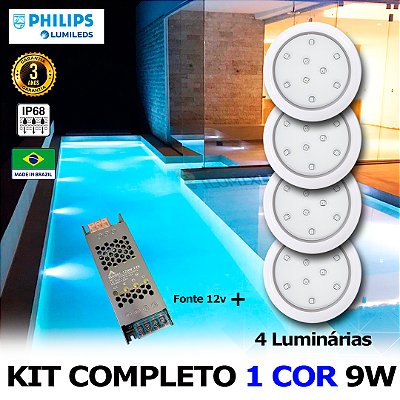 04 - KIT ILUMINAÇÃO LED PARA PISCINA 9w | 8 cm | IP68 À Prova d'água | COR FIXA | 4 Luminárias | LED PHILIPS