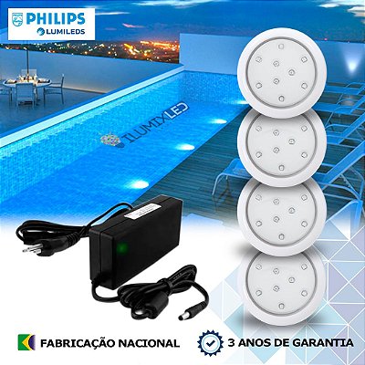 04 - KIT ILUMINAÇÃO LED PARA PISCINA 9w | 8 cm | IP68 À Prova d'água | COR FIXA | 4 Luminárias | LED PHILIPS