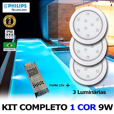 03 - KIT ILUMINAÇÃO LED PARA PISCINA 9w | 8 cm | IP68 À Prova d'água | COR FIXA | 3 Luminárias | LED PHILIPS
