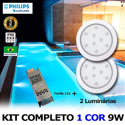 02 - KIT ILUMINAÇÃO LED PARA PISCINA 9w | 8 cm | IP68 À Prova d'água | COR FIXA | 2 Luminárias | LED PHILIPS