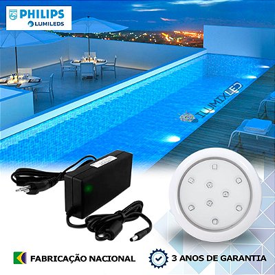 01 - KIT ILUMINAÇÃO LED PARA PISCINA 9w | 8 cm | IP68 À Prova d'água | COR FIXA | 1 Luminária | LED PHILIPS