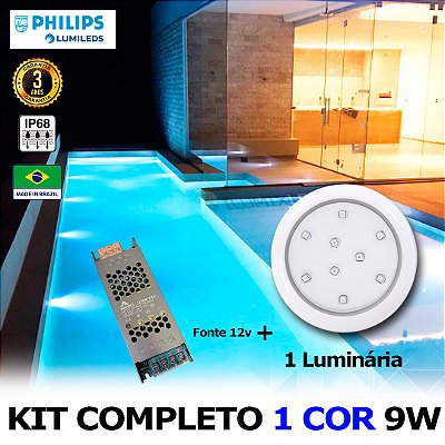 01 - KIT ILUMINAÇÃO LED PARA PISCINA 9w | 8 cm | IP68 À Prova d'água | COR FIXA | 1 Luminária | LED PHILIPS