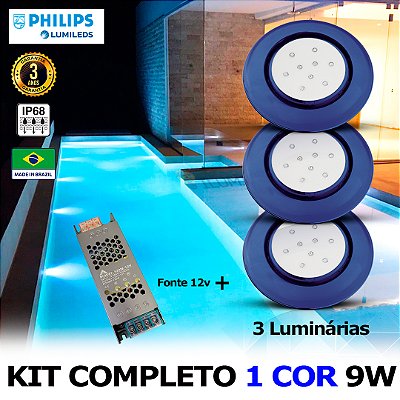 43 - KIT ILUMINAÇÃO LED PARA PISCINA 9w | 12,5 cm | IP68 À Prova d'água | COR FIXA | 3 Luminárias | LED CHIP PHILIPS