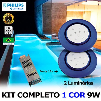 42 - KIT ILUMINAÇÃO LED PARA PISCINA 9w | 12,5 cm | IP68 À Prova d'água | COR FIXA | 2 Luminárias | LED PHILIPS