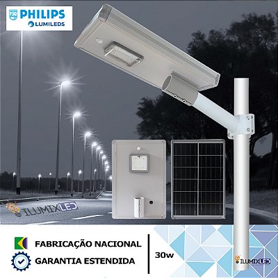 Luminária LED Solar Pública Modular para Poste 30w | IP65 | 4.500 Lúmens | LED PHILIPS | Para Vias ou Condomínio