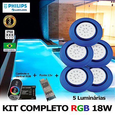 78 - KIT ILUMINAÇÃO LED PARA PISCINA 18w | 12,5 cm | RGB sistema Colorido | IP68 À Prova d'água | 5 Luminárias | LED PHILIPS