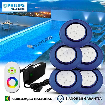 69 - KIT ILUMINAÇÃO LED PARA PISCINA 9w | 12,5 cm | RGB sistema Colorido  | IP68 À Prova d'água | 5 Luminárias | LED PHILIPS