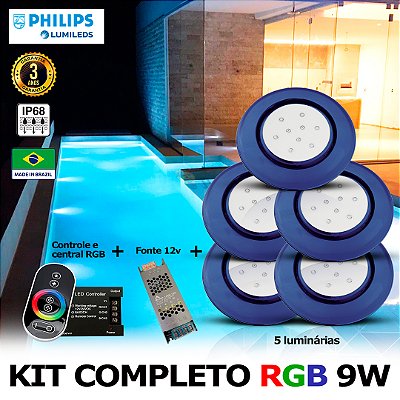 69 - KIT ILUMINAÇÃO LED PARA PISCINA 9w | 12,5 cm | RGB sistema Colorido | IP68 À Prova d'água | 5 Luminárias | LED PHILIPS