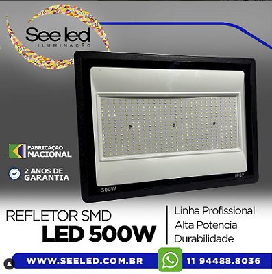 Refletor LED SMD SLIM 500w | Bivolt | IP67 | 25.000 Lúmens | 6.500k | LINHA COMERCIAL