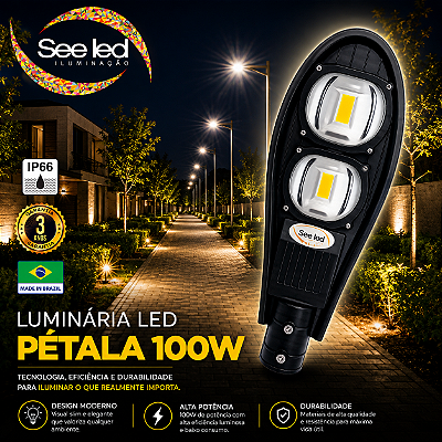 Luminária LED Pública Pétala para Poste 100w | Bivolt | IP66 | 10.000 Lúmens | 6.500k | Para Rua ou Condomínio
