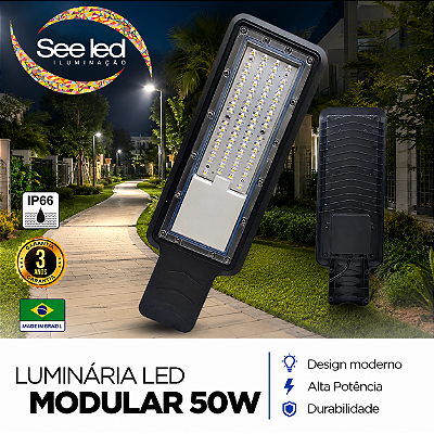 Luminária LED Pública Modular para Poste 50w | Bivolt | IP66 | 5.000 Lúmens | 6.500k | Para Rua ou Condomínio