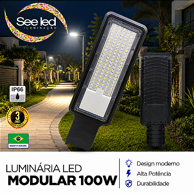 Luminária LED Pública Modular para Poste 100w | Bivolt | IP66 | 10.000 Lúmens | 6.500k | Para Rua ou Condomínio