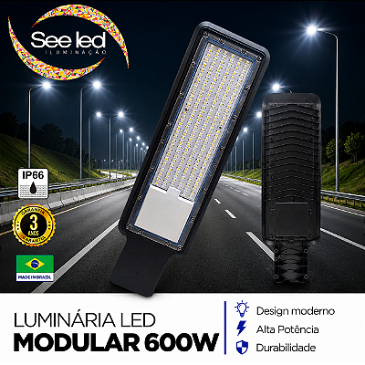 Luminária LED Pública Modular para Poste 600w | Bivolt | IP66 | 60.000 Lúmens | 6.500k | Para Rua ou Condomínio