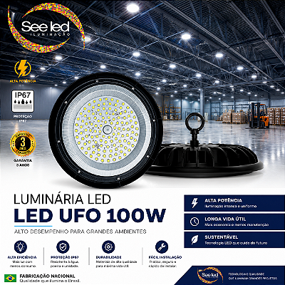 Luminária LED Industrial UFO 100w | Bivolt | IP67 | 10.000 Lúmens | 6.500k | MODELO SLIM