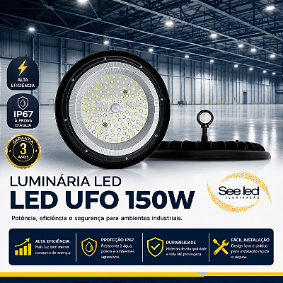 Luminária LED Industrial UFO 150w | Bivolt | IP67 | 15.000 Lúmens | 6.500k | MODELO SLIM