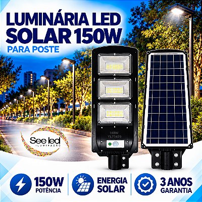 Luminária Solar LED para Poste 150w | IP65 | Autonomia 10 horas | 15.000Lm | Branco Frio 6.500k | Para Condomínios e Ruas