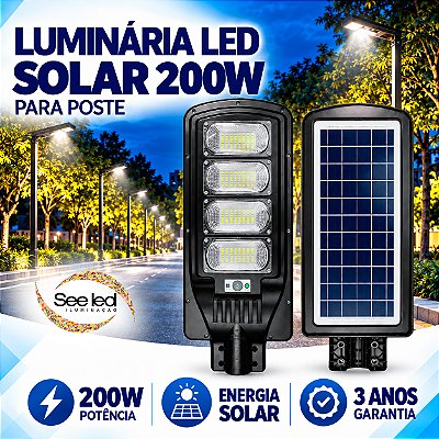 Luminária Solar LED para Poste 200w | IP65 | Autonomia 10 horas | 20.000Lm | Branco Frio 6.500k | Para Condomínios e Ruas