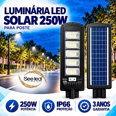 Luminária Solar LED para Poste 250w | IP65 | Autonomia 10 horas | 25.000Lm | Branco Frio 6.500k | Para Condomínios e Ruas