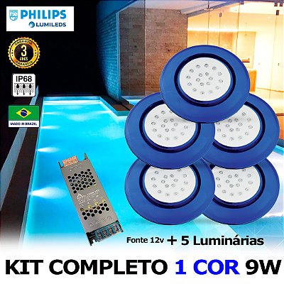 37 - KIT ILUMINAÇÃO LED PARA PISCINA 18w | 12,5 cm | IP68 À Prova d'água | COR FIXA | 5 Luminárias | LED PHILIPS