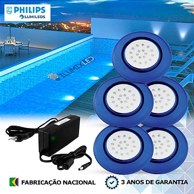 37 - KIT ILUMINAÇÃO LED PARA PISCINA 18w | 12,5 cm | IP68 À Prova d'água | COR FIXA | 5 Luminárias | LED PHILIPS